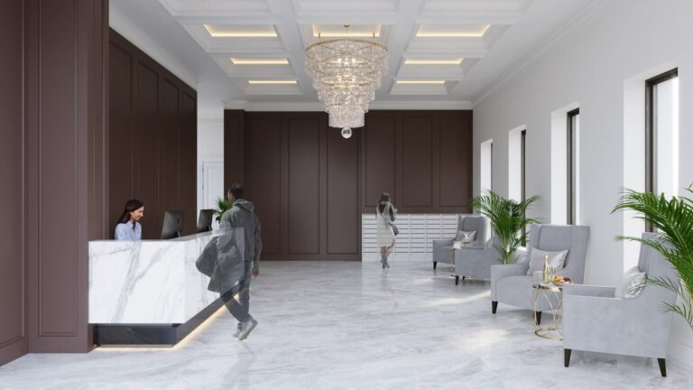 Rendering of a high-end lobby with a doorman in a future real estate property in Sheepshead Bay Brooklyn