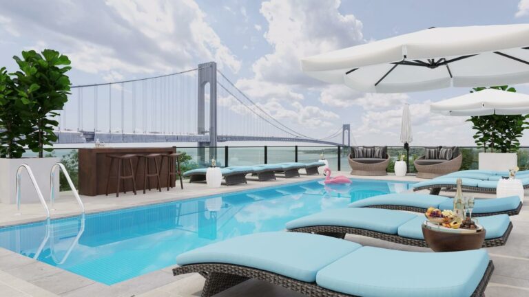 Rendering of a pool on the roof with a view of the Verrezzano bridge visualization created for future real estate property in Bay Ridge Brooklyn